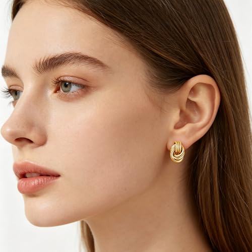 Gold Statement Earrings For Women, 14K Gold Plated Textured Geometric Drop Earrings - Hypoallergenic Stainless Steel Statement Earrings for Women, Waterproof Fan-Shaped Dangle Earrings for Beach & Daily Wear - color: Knot Gold YE03GL