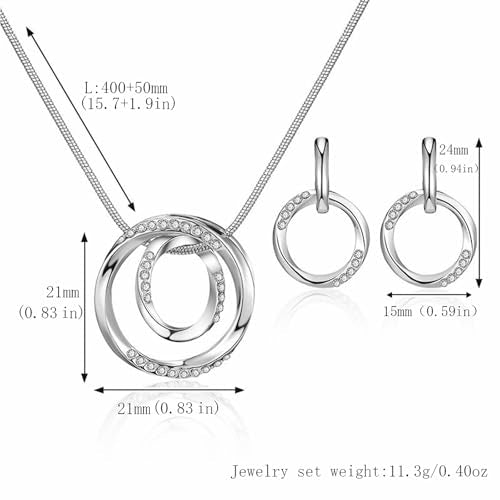 3 Circles Silver Hoop Earrings Necklace Set for Women Geometric Jewelry Set | 925 Silver Hypoallergenic Small Hoop Circle Geometry Textured Finish Minimalist Style Comfortable Wear - style: double Circle set-silver
