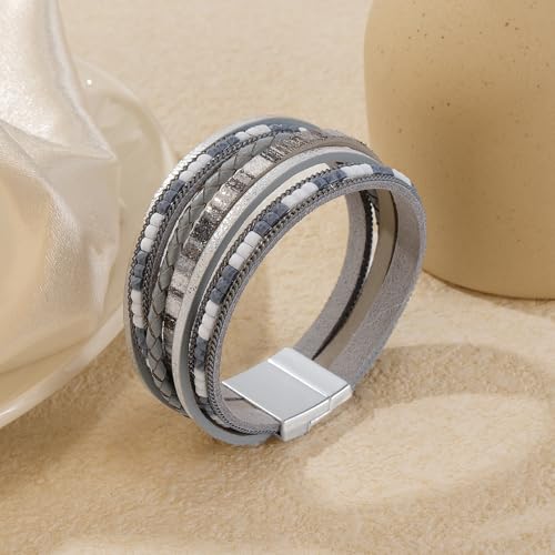 Wrapped Bracelets for Women,Leather Boho Bracelets for Women - color: Boho-Grey