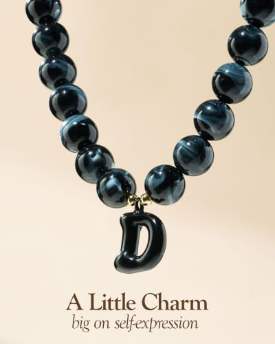 DoDoBeads Chunky Colorful Beaded Initial Necklace, Bubble Letter Choker | Gift box and dust pouch included; waterproof and sweat-resistant with real gold plated stainless steel hardware - color: Black-D