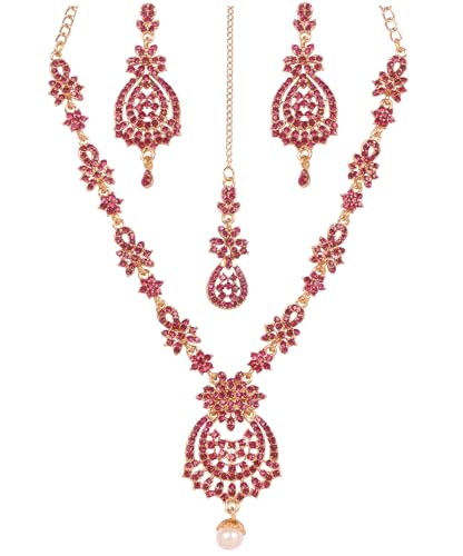 Touchstone Indian jewelry sets for women maang tikka wedding guest gold necklace bollywood jewellery set pageant elegant prom bride accessories western crystal chunky rhinestone necklaces - color: 1 Pink in antique gold plating