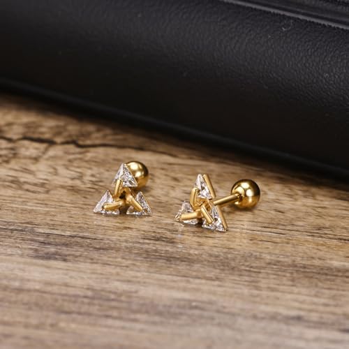Unisex Geometric Triangle Stud Earrings, Stainless Steel Minimalist Cubic Zirconia Pierced Post Earrings for Men Women - style: Three Zircons-Gold