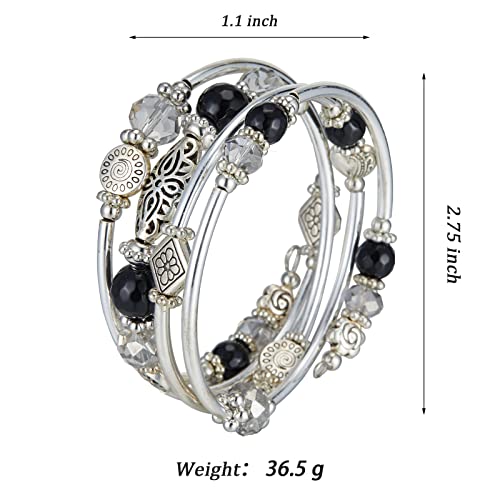 FULU AUTUMN Stackable Beaded Bracelets for Women Boho Wrap Silver Bracelet Layered Fashion Jewelry Gifts for Her - color: Black grey