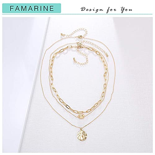 FAMARINE Gold Layered Pendant Long Necklace, 3 Layer Choker Necklace Chain Pendant Costume Jewelry for Women