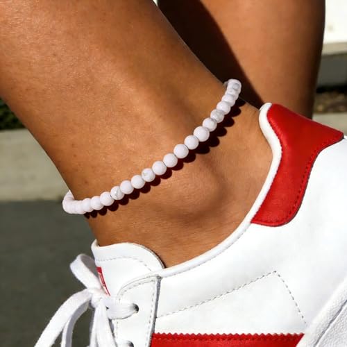 Natural Stone Beaded Anklets for Women, Handmade Boho Clear Quartz 4mm Crystal Beads Anklet, Gold Chain Adjustable Ankles Bracelet, Beach Summer Jewelry Gemstone Foot Bracelet Gift - color: Howlite