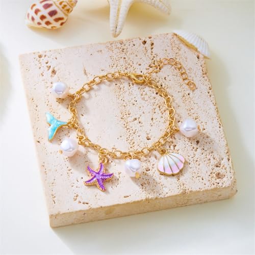 Shell Starfish Bracelet Seahorse Conch Starfish Sea Shell Pearls Charm Stone Bracelet Statement Bohemian Sea Themed Beach Jewelry for Women - color: Colorful A
