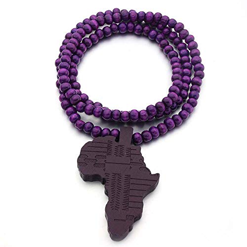 COLORFUL BLING Multicolor 8MM Wooden Bead Chain African Hip-hop Africa Map Pendant Necklace for Men Boys Natural Wood Jewelry - color: purple