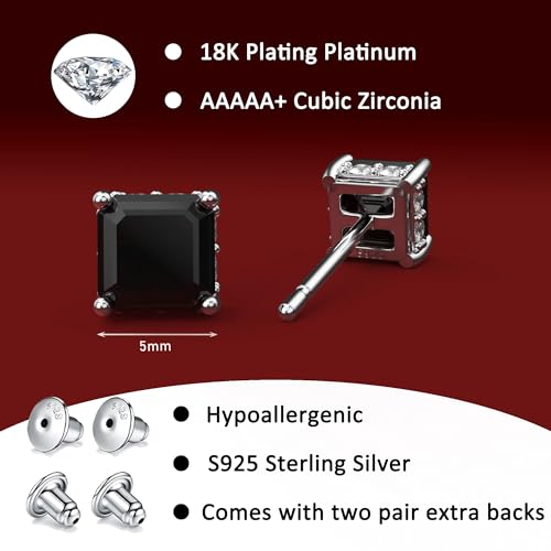 Asscher Cut Cubic Zirconia Stud Earrings for Men Women | Square CZ Simulated Diamond Studs, 18K White Gold Plated Sterling Silver - color: Black, size: 5MM