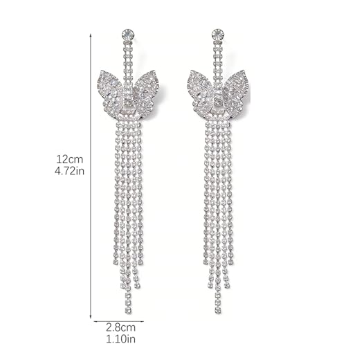 Rhinestone Earrings Dangling for Women Sparkly Silver Dangle Earrings Girls Long Chandelier Earrings Tassel Lightweight Ear Studs Cubic Zirconia (KE001S-W) - color: Bow Butterfly 816263S