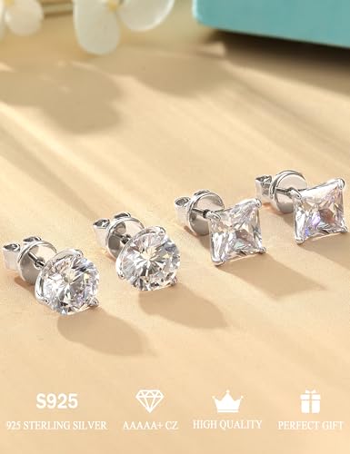 2 Pairs "STUNNING FLAME" 925 Sterling Silver 18K Real Gold Plated Stud Earrings for Women Men 5A Brilliant Princess Cut Round Cubic Zirconia - Hypoallergenic Large CZ Studs Earring Set 8 CTW (2ct*4) - color: 14K White Gold - 8.0 Carat(2.0ct*4)