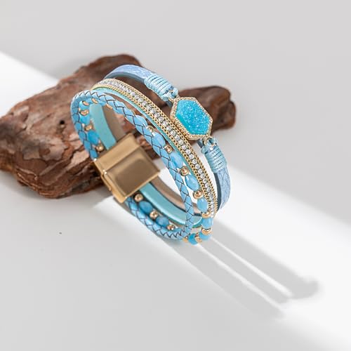 FANCY SHINY Crystal Beaded Leather Wrap Bracelet Stackable Boho Jewelry for Women Resin Stone Bangle Cuff with Magnetic Clasp - color: Teal