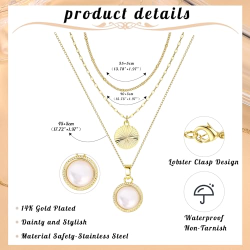 Kakonia Layered Gold Necklaces for Women, 3-Piece Gold Necklace Stack | 14K gold plated pendant necklace set, 3 dainty gold chains, trendy jewelry for women, ideal for weddings, proms or gifting - style: White Round Pendant