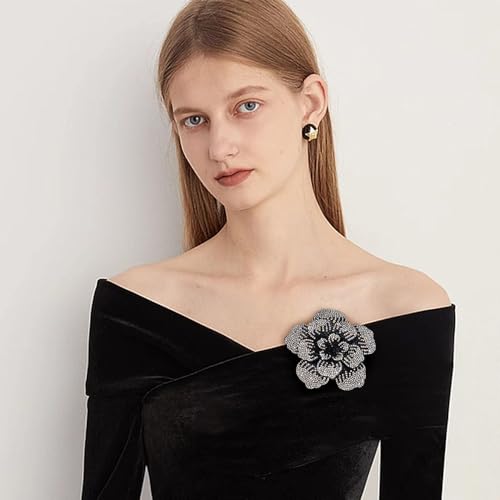Rhinestone Flower Brooch Pin for Women Men Elegant Sparkly Crystal Camellia Floral Lapel Pins Shawl Dress Suit Clothes Accessories Wedding Party Fashion Jewelry 105mm - color: White Black