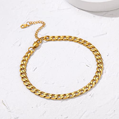 Adjustbale Link Chain Anklet for Women Summer Jewelry, 316L Stainless Steel Figaro/Wheat/Twist Rope/Cuban Foot Bracelet-Waterproof, Resizable 9"-12" (Gift Box Included) - color: 2, Cuban - Gold
