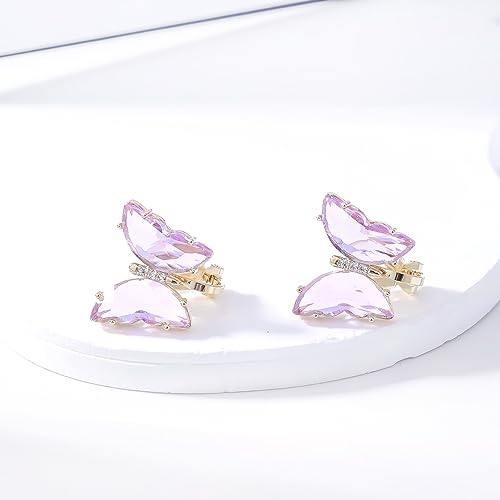 YOQUCOL Butterfly Shape Crystal Clip On Earrings Non Pierced Golden Stud for Women - color: Purple
