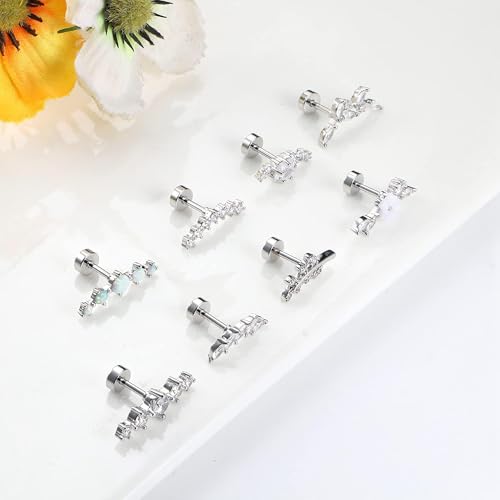 8Pcs Stainless Steel 16G Conch Piercing Jewelry Helix Cartilage Earrings | Flower Opal CZ Stud Earrings Set with Flat Back for Women, 18K Gold Plated, Silver, Rose Gold - color: Silver