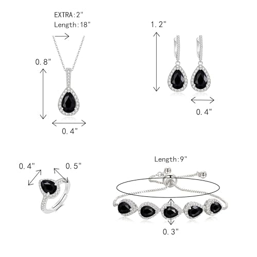 Crysdue Wedding Bridal Teardrop CZ Pendant Necklace Open Ring Dangle Earrings Adjustable Slider Bracelet Jewelry Set, Birthday Mothers Day Christmas Jewellery Gift for Women/Mom/Wife - style: 01-Teardrop Black Silver-Tone