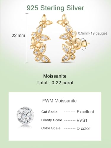 Moissanite 20mm Butterlfy/Flower/Leaf/Bezel Crawler Stud Earrings for Women, 925 Sterling Silver with Gold Plated, Hypoallergenic Cartilage Earrings, Valentines Birthday Anniversary Wedding Gift - color: Butterfly - Yellow Gold