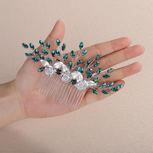 3D Silver Flower Hair Comb with Green Crystal for Wedding Brides Women Banquet Prom Hair Piece Handmade Side Headpiece (Green) - color: Green
