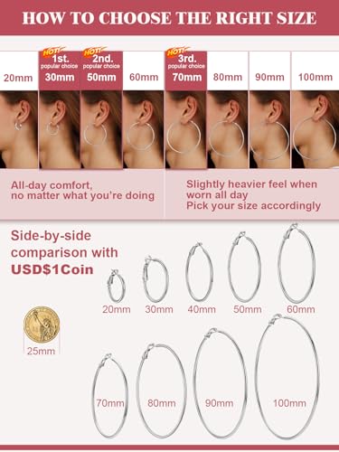 FOCALOOK 14K Gold Plated Lightweight Large Hoops| 2mm Thin Hoop Earrings for Women 30/40/50/70/100mm - color: 01.Silver, size: 20mm