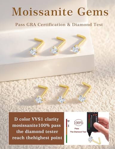 6-Piece L-Shaped Moissanite Nose Stud Set, 925 Sterling Silver Nose Rings | Hypoallergenic Nose Studs Suitable for Nostril, Nasal Septum, and Nasal Cartilage Piercings; Colorfast (Unisex) - color: Gold