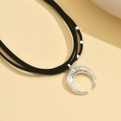 Vintage Crescent Moon Pendant Collar Black Velvet Ribbon Choker Necklace Bohemian Distressed Silver Clavicle Chain