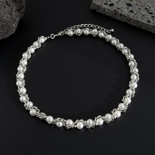 Gold/Silver Pearl Necklace for Men Faux Pearl Choker Necklace Beaded Adjustable Chain Gothic Chunky Beaded Statement Hip Hop Rock Party Festival Collar para Hombre Fashion Jewelry Gift for Men - style: Style-C-SV