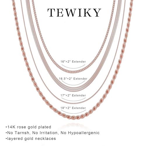Tewiky Layered Necklaces for Women 14k Gold Plated Chain Necklace Set | Chunky Herringbone/Snake/Rope/Box/Cuban Link Chain for Women, Layering Stack Choker Necklace, Dainty Jewelry Set Non Tarnish - color: 4 Layered Necklace Rose Gold