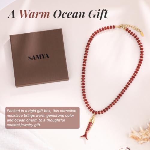 SAMYA Gemstone Beaded Necklace for Women, Natural Stone Ocean Jewelry | Fish or Seashell Pendant Beach Necklace, Gold Spacer Accents, Reinforced Stainless Steel Clasp, Adjustable 16"+2" - color: Carnelian