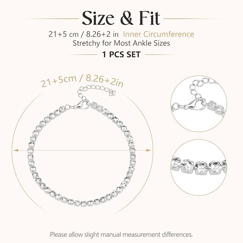 Fesciory Silver Ankle Bracelets for Women, Adjustable Rhinestone Pendant Tennis Anklet, Butterfly Heart Infinite Diamond Summer Beach Foot Chain Jewelry Gifts - style: 1 Rhinestone