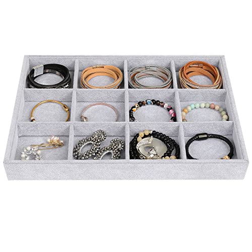 Emibele Bracelets Organizer Jewelry Tray, 12 Grids Velvet Tray Storage for Watches Rings Earrings, Stackable Jewelry Drawer Organizer Showcase Display Trays with Detachable Inner Dividers, Grey - style: D1- twelve Grids