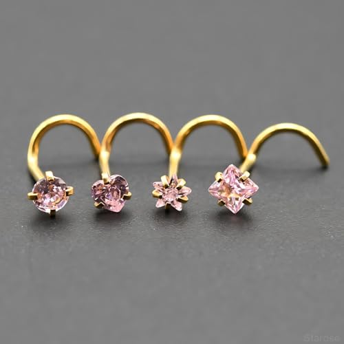 8 Pcs-Pack, Crystal Nose Studs, 20G Stainless Steel, 3mm Zircon, Multiple Shapes Zircon Labret Nose Piercing Ear Jewelry - color: Pink
