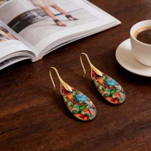 Boho Natural Imperial Jasper Teardrop Dangle Earrings for Women – Hypoallergenic French Hook Stone Drop Earrings Jewelry - color: Colorful Golden Hook #3