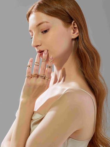 12 Pcs Gold Stackable Rings for Women,Dainty 14k Plated Gold Knuckle Ring Set with Cubic Zirconia Hypoallergenic No-Tarnish Gold Joint Rings Jewelry Gift for Women