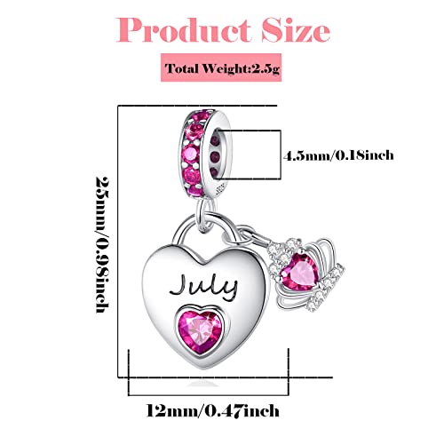 Birthstone Charms for Charms Bracelet: 925 Sterling Silver Heart Dangle Charms for Bracelets and Necklaces, Birthday Mother's Day Christmas Gifts For Women. - color: July