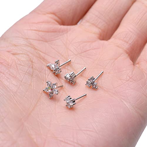 9Pcs Nose Rings Stud L Bone Screw Shaped Nose Ring Flower CZ Snowflake Butterfly Screw Nose Stud Body Piercing Jewelry for Women Men 20G Silver Gold Rose Gold Tone - color: D:Silver Tone&Bone Shaped