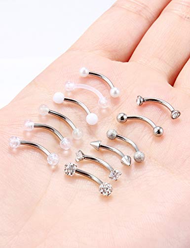 Jenxnjsjo 16g 6/8/10mm Eyebrow/Rook/Snug/Vertical-Labret/VCH/Snake-Eyes/Anti-Tragus/Christina/Daith/Belly-Button/Bridge/Hood/Surface Curved Barbell Piercing Jewelry for Women Men - color: 12PCS, Surgical-Steel, size: 8mm