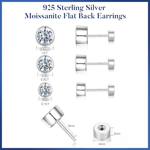 Moissanite Flat Back Earrings, 0.2-2ct Lab Created Moissanite | 925 Sterling Silver, VVS1 Clarity, Screw Back, Hypoallergenic, Elegant Gift Packed, Birthday Gifts, Wearable While Sleeping - color: Round Bezel, size: 0.2ct.tw(0.1ct*2)