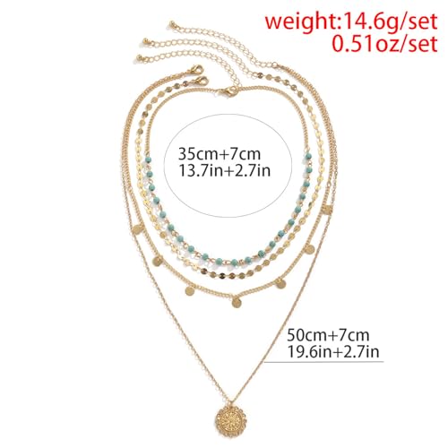 Gold Layered Necklace for Women Summer Boho Layered Stacked Pendant Necklace Country Concert Necklace Turquoise Coin Long Necklace - color: A