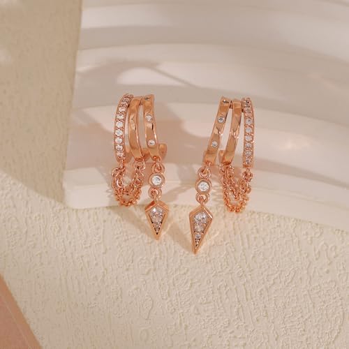 Dangle Earrings for Women,14k Gold Plated Triple Huggie Stud Earrings Cute Statement Chain Earring Dainty Drop Earrings for Women Trendy Gold Plated Jewelry - color: rose gold -dangle1