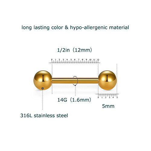 VCMART 12mm-18mm 14G Tongue Rings Nipple Straight Barbells Surgical Steel Body Piercing Jewelry - style: Style D -6pcs, gold