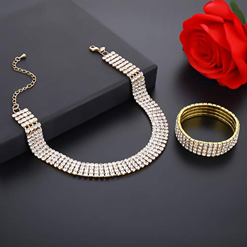 Zealmer 18K Yellow Gold Plated 1-5 Rows Rhinestone Choker Necklace & Stretch Bracelets Set Wedding Jewelry - style: 4 Row
