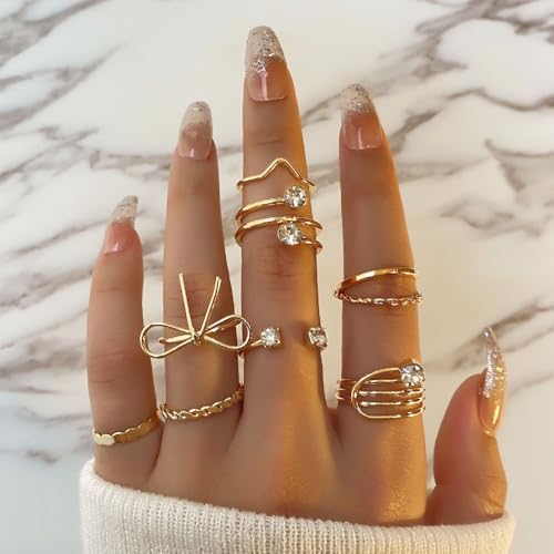 Chunky Gold Rings for Women Non Tarnish, Baroque Pearl Flower Tiger's Eye Stone Rings Adjustable Stacking Statement Rings Set Fashion Jewelry Gifts - style: Small diamond/Bow_gold