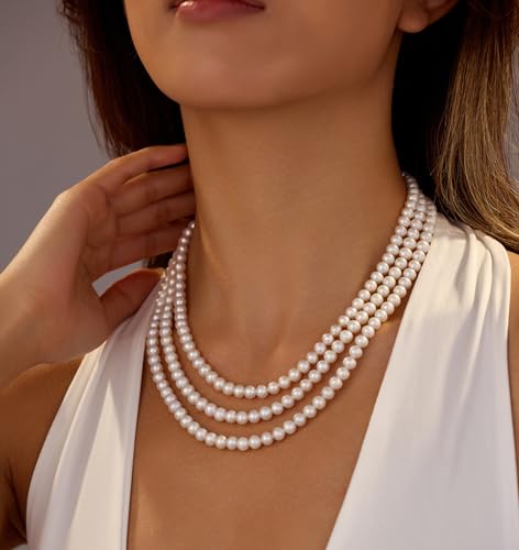 Freshwater Pearl Choker Necklace; Triple-Layer Pearl Necklaces for Women | 6-7mm Real Pearl Necklace; Sterling Silver Necklace; Classic Pearl Necklace
