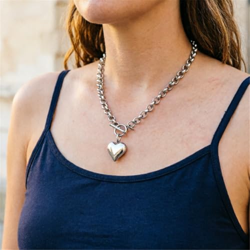 Stainless Steel Puffy Heart Pendant Round Chain Chunky Necklace - size: 18inch