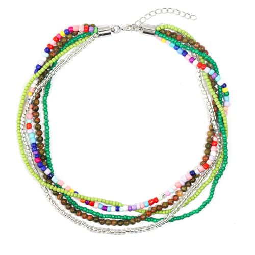 Colorful Multi-layered Seed Beaded Necklace Choker For Women Bohemian Handmade Crystal Stone Gemstone Hawaiian Necklace Holiday Birthday Summer Beach Jewelry Gift - color: Color Green