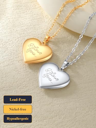 U7 Custom Photo Locket Necklace - Oval & Heart Shaped Locket - Gold/Silver/Rose Gold Personalized Image Necklaces for Women - color: 03-Platinum I Love You, style: c. locket+photo+text