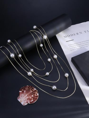 Long Layered Pearl Necklace for Women Big Large Beaded Statement Charm Necklace,Strand Multiple Strand Pearl Choker, Shirt & Sweater Wedding Party Jewelry Gifts - color: pearl-Five