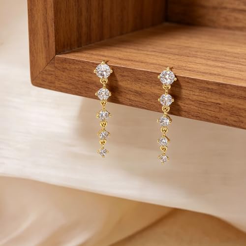 Dangle Earrings for Women, Dainty Teardrop Drop Earrings 14K CZ Flower Gold Earrings for Women Trendy Bridal Earring Set Hypoallergenic Stud Dangly Earring Stack Wedding Prom Fashion Jewelry - color: 5cz drop earrings