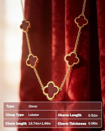 Four Leaf Clover Necklace 18K Gold Plated Necklaces for Women Lucky Flower Pendant Adjustable Link Chain Stainless Steel Dainty Trendy Simple Jewelry Gifts for Women - color: 5G-Red